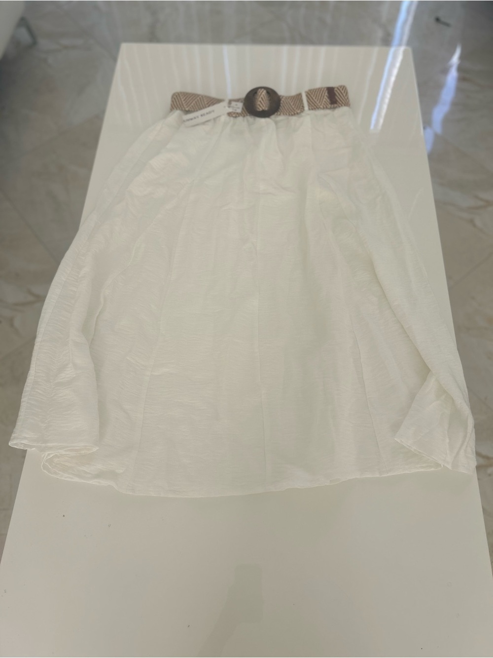 Women’s White Midi Skirt with Braided Brown Belt